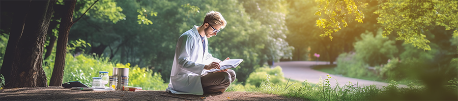 image of a scientist studying CBD outdoors in nature